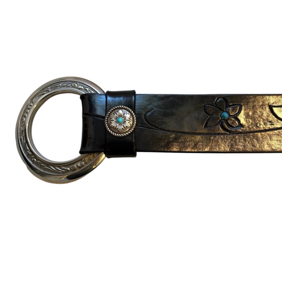 Vtg Al Stohlman Brand Black Leather Belt Floral Tooled Silver Western Cowgirl - Picture 3 of 11